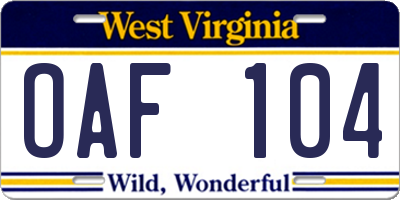 WV license plate OAF104