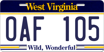 WV license plate OAF105