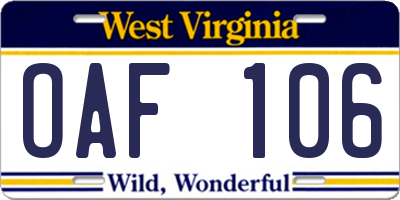 WV license plate OAF106