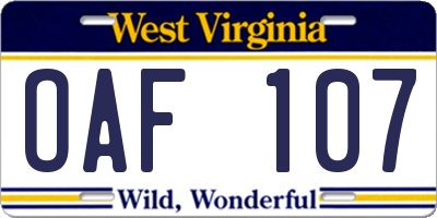 WV license plate OAF107