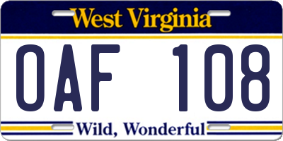 WV license plate OAF108