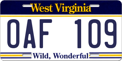 WV license plate OAF109