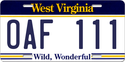 WV license plate OAF111