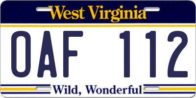 WV license plate OAF112