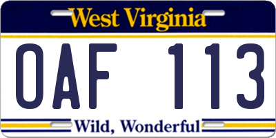 WV license plate OAF113