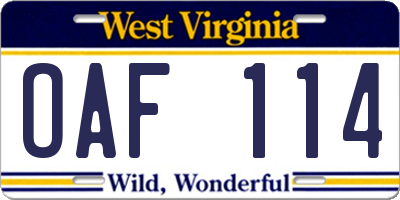 WV license plate OAF114