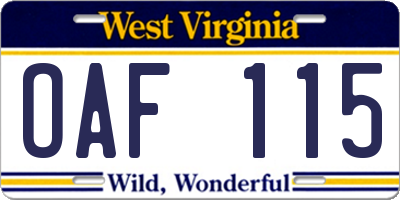 WV license plate OAF115