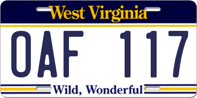 WV license plate OAF117