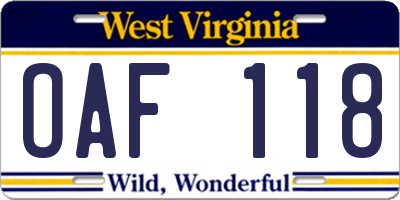 WV license plate OAF118