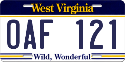 WV license plate OAF121