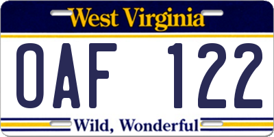 WV license plate OAF122
