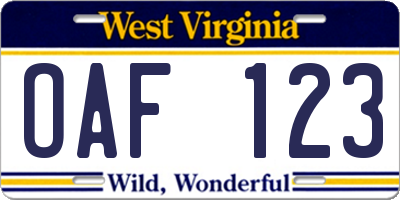 WV license plate OAF123