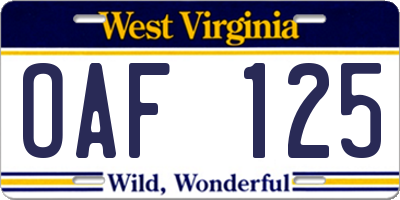 WV license plate OAF125
