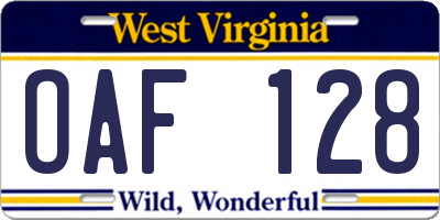 WV license plate OAF128
