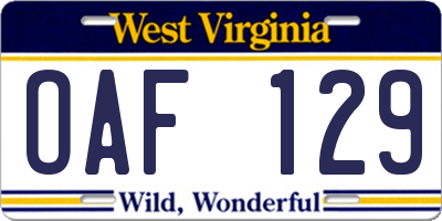 WV license plate OAF129