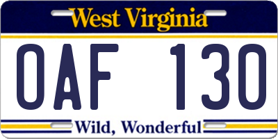 WV license plate OAF130