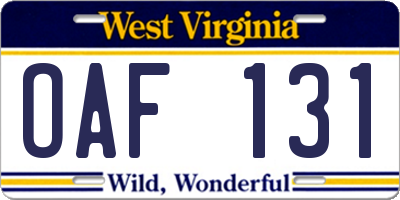 WV license plate OAF131