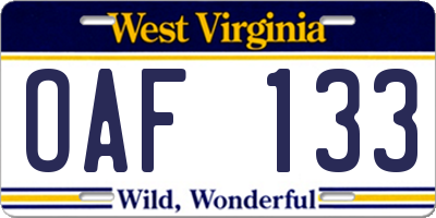 WV license plate OAF133