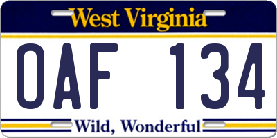 WV license plate OAF134