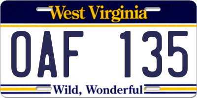 WV license plate OAF135