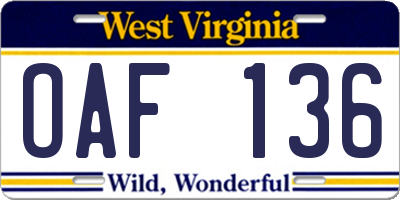 WV license plate OAF136