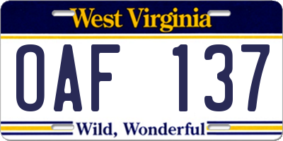 WV license plate OAF137