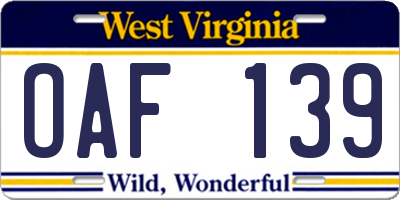 WV license plate OAF139