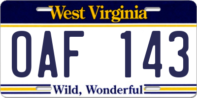 WV license plate OAF143