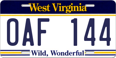 WV license plate OAF144