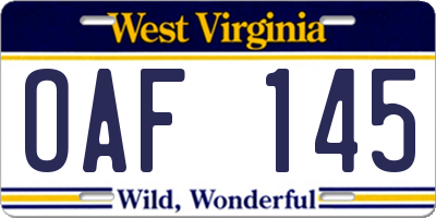 WV license plate OAF145