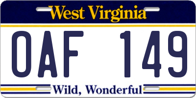 WV license plate OAF149