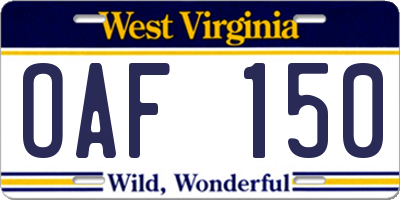 WV license plate OAF150