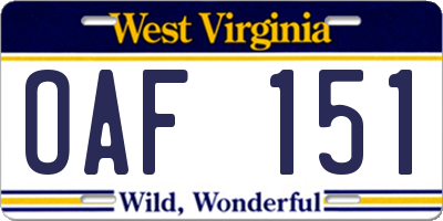 WV license plate OAF151