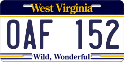 WV license plate OAF152