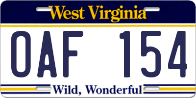 WV license plate OAF154