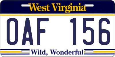 WV license plate OAF156