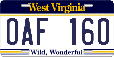 WV license plate OAF160
