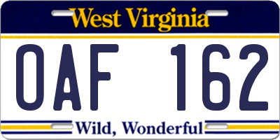 WV license plate OAF162
