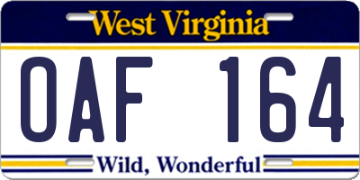 WV license plate OAF164