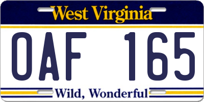 WV license plate OAF165