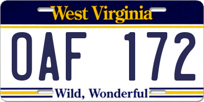WV license plate OAF172
