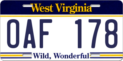 WV license plate OAF178