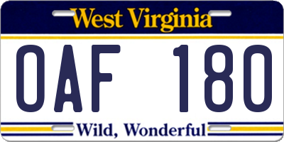 WV license plate OAF180