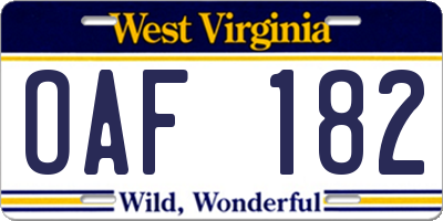 WV license plate OAF182