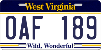 WV license plate OAF189