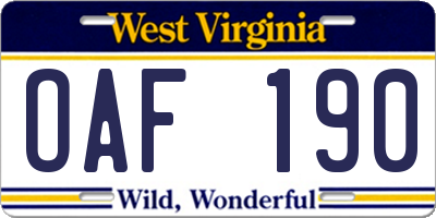 WV license plate OAF190