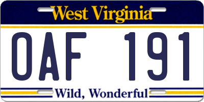 WV license plate OAF191