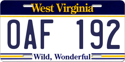 WV license plate OAF192