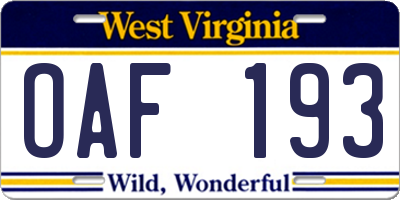 WV license plate OAF193
