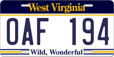 WV license plate OAF194
